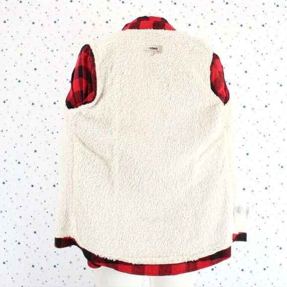 Sherpa Fur Lined Flannel Plaid Button Up Shirt Red Black - Picture 6 of 6